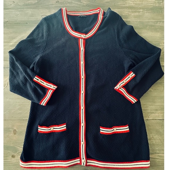 Talbots Navy Textured Knit Cardigan Red White Trim Pearl Button Women's Size M - Picture 2 of 11